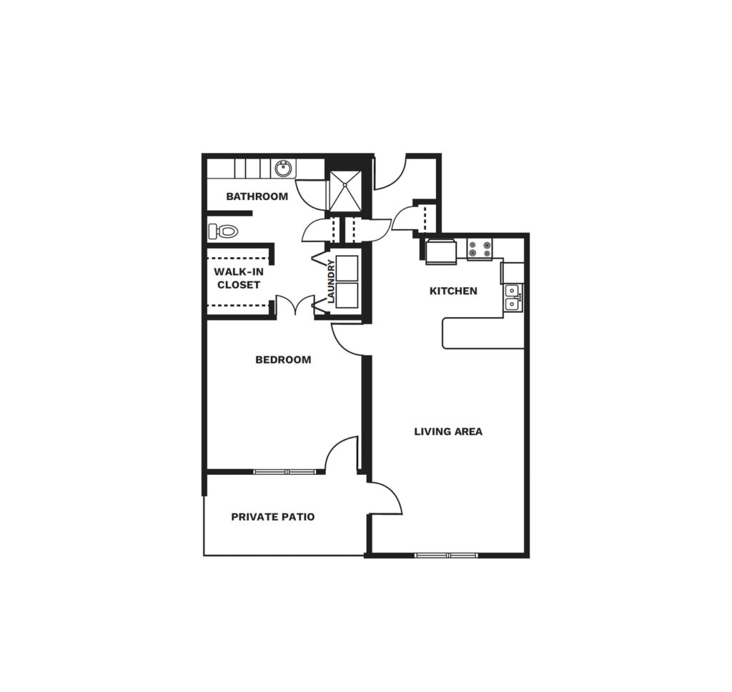 An illustrated floor plan image of a One Bedroom – 1,078 apartment.