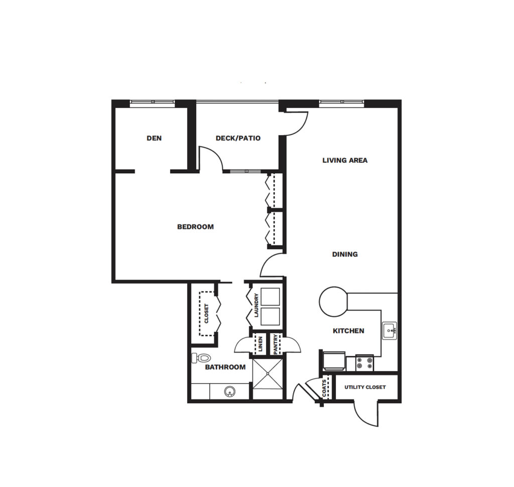 An illustrated floor plan image of a One Bedroom Deluxe – 1,237 apartment.