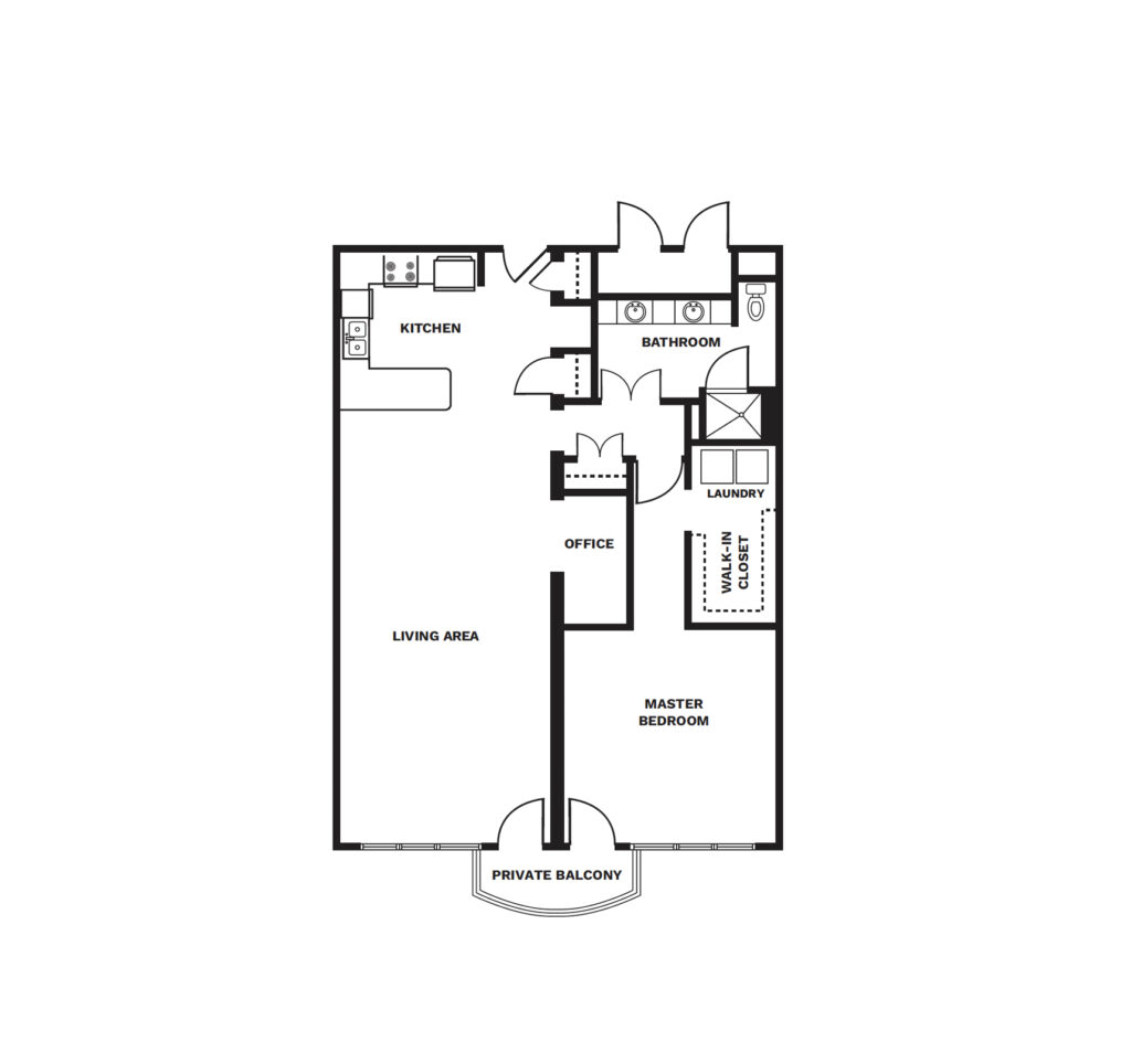 An illustrated floor plan image of a One Bedroom Deluxe apartment.