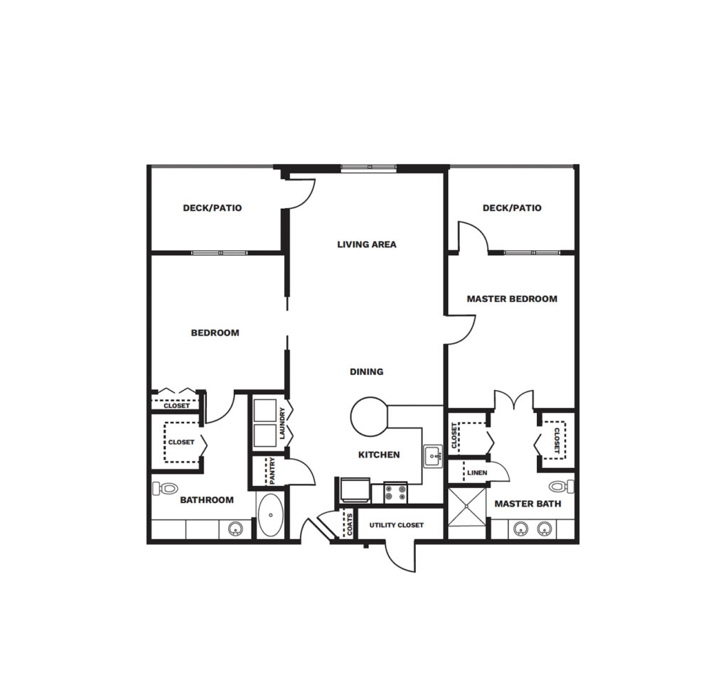 An illustrated floor plan image of a Two Bedroom, Two Bath with Den apartment.