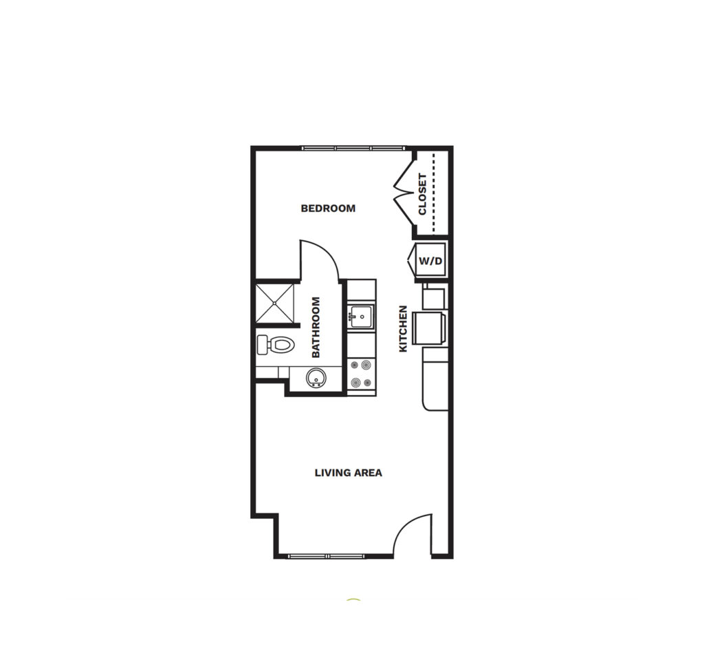 An illustrated floor plan image of a One Bedroom apartment.