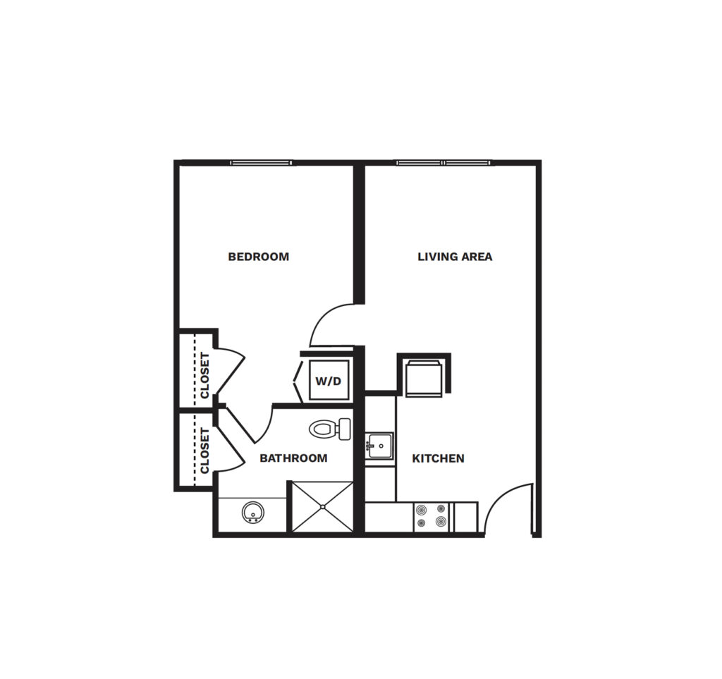 An illustrated floor plan image of a One Bedroom Deluxe apartment.