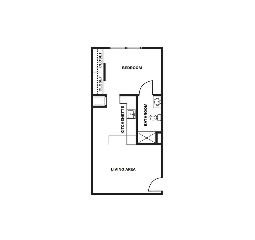 An illustrated floor plan image of a One Bedroom – Courtyard apartment.