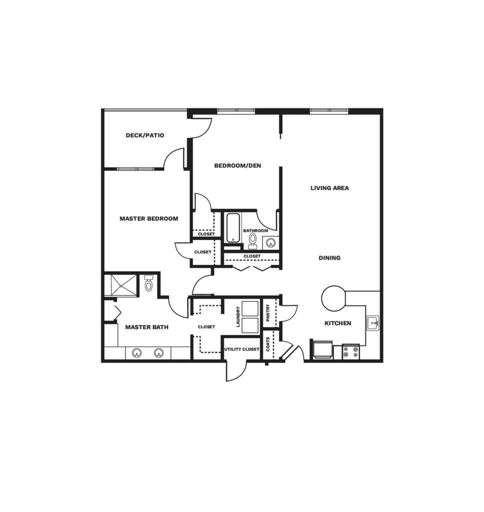 An illustrated floor plan image of a One Bedroom with Den apartment.