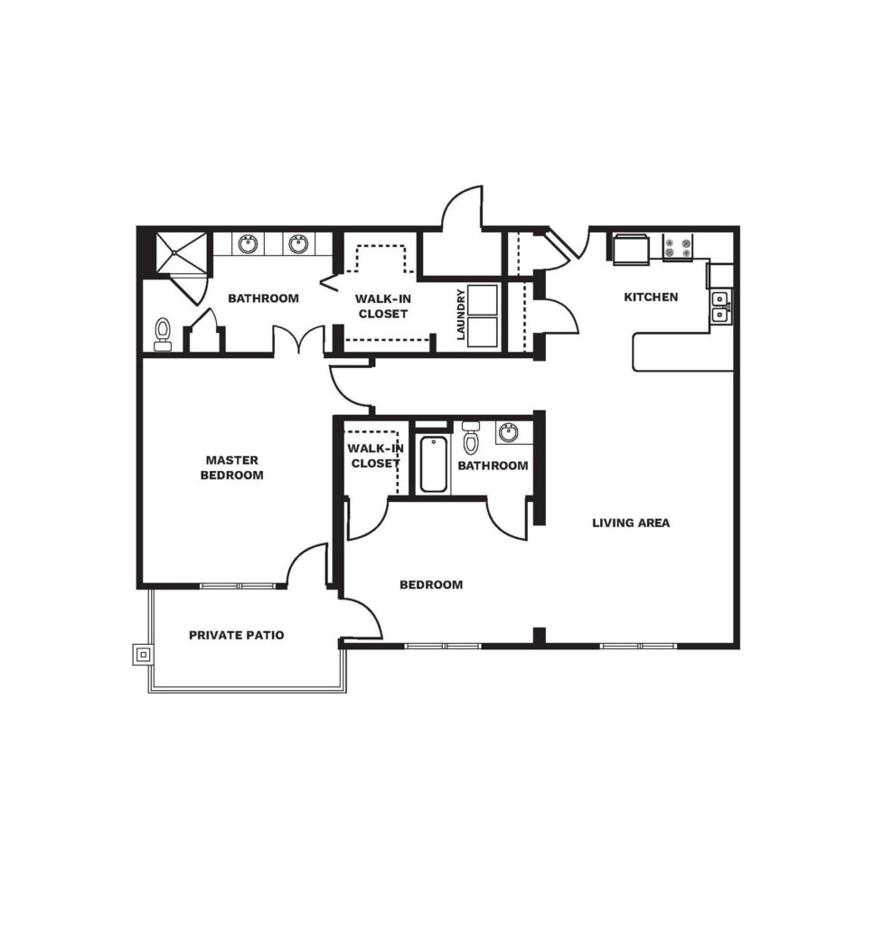 An illustrated floor plan image of a Two Bedroom, Two Bath apartment.