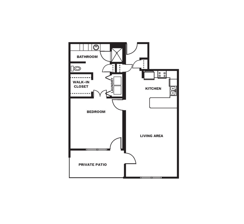 An illustrated floor plan image of a One Bedroom apartment.