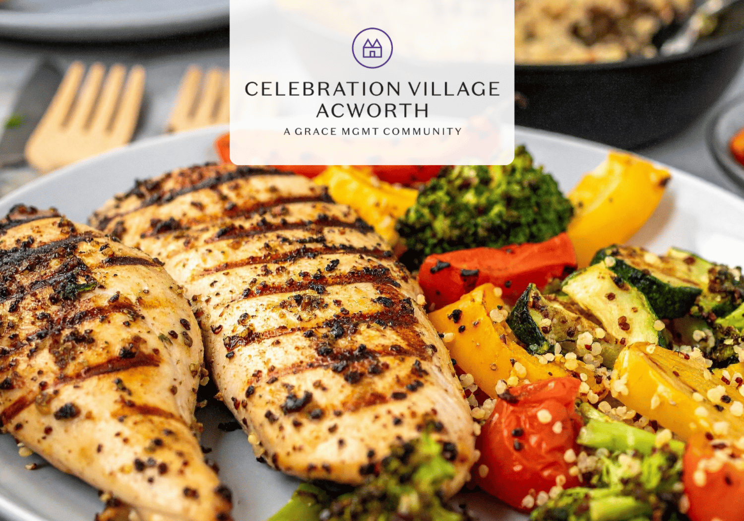 Plate with grilled herb-crusted chicken and roasted peppers, broccoli, and squash with sesame seeds; branding banner over the dish.